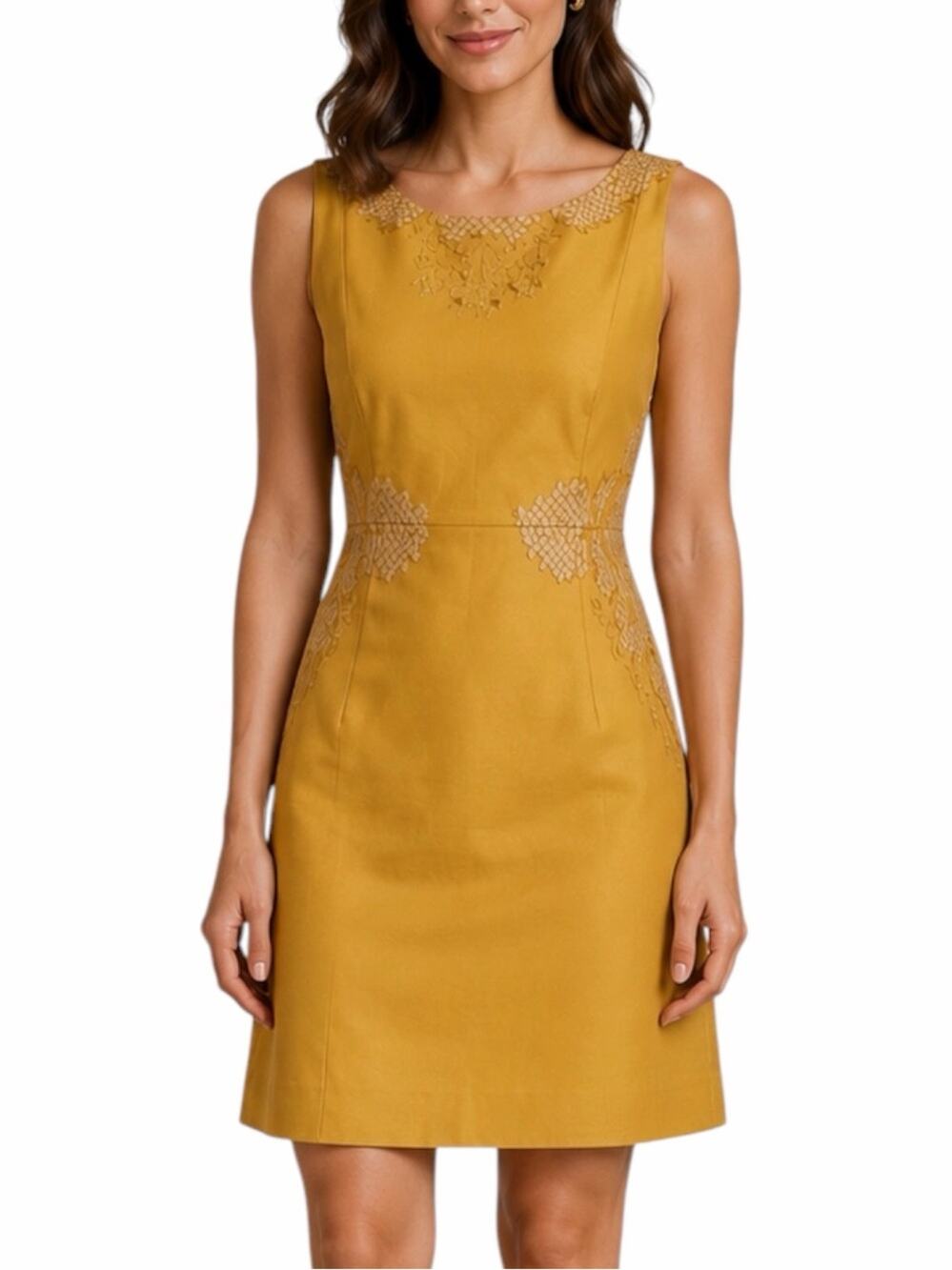 Elie Tahari Lace Trim Sheath Dress 42 Size 6 Mustard Sleeveless Stretch Designer